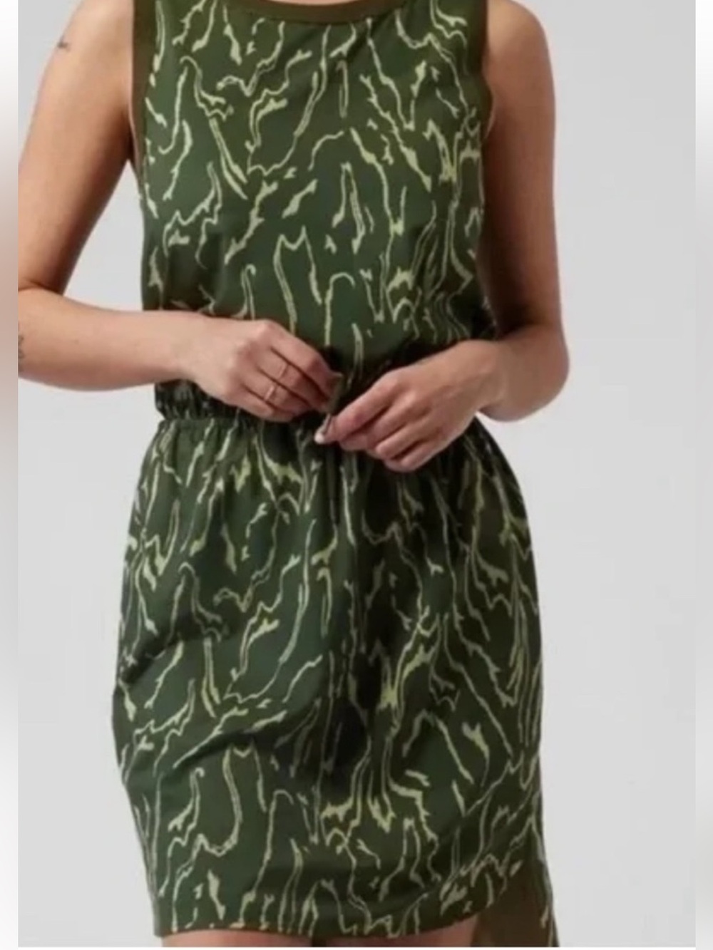 Athleta Olive Green Printed Drawstring Mini Dress